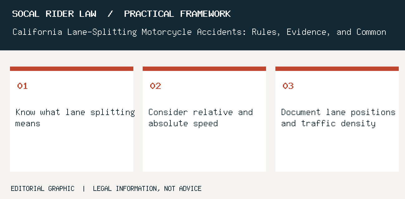 Know what lane splitting means; Consider relative and absolute speed; Document lane positions and traffic density