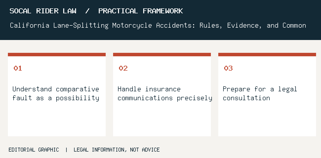 Understand comparative fault as a possibility; Handle insurance communications precisely; Prepare for a legal consultation