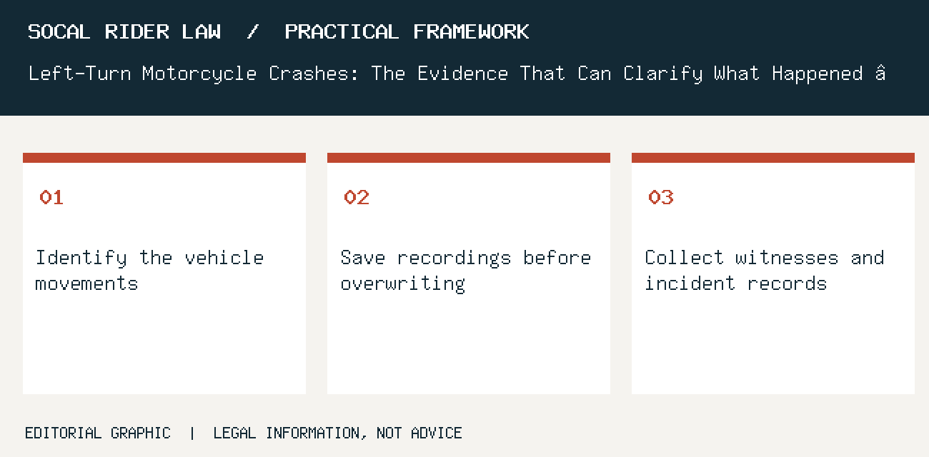 Identify the vehicle movements; Save recordings before overwriting; Collect witnesses and incident records