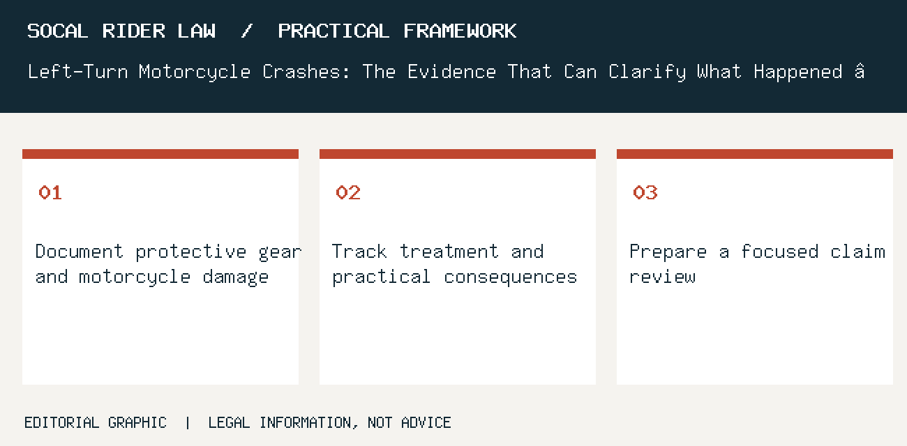 Document protective gear and motorcycle damage; Track treatment and practical consequences; Prepare a focused claim review