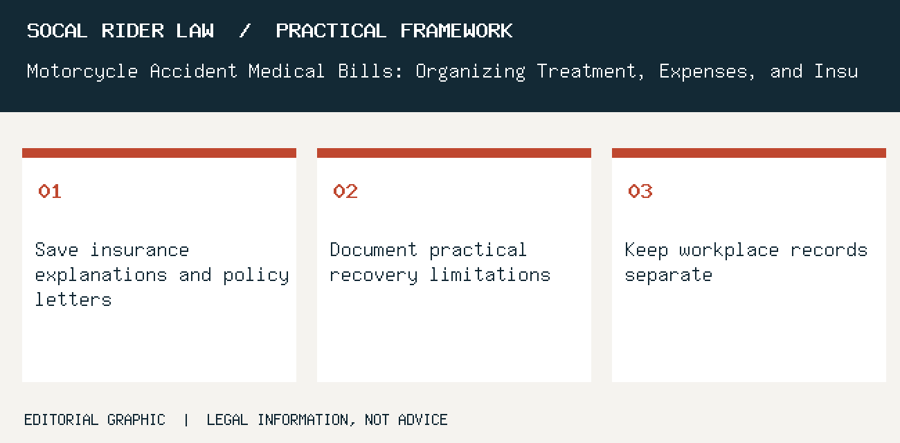 Save insurance explanations and policy letters; Document practical recovery limitations; Keep workplace records separate