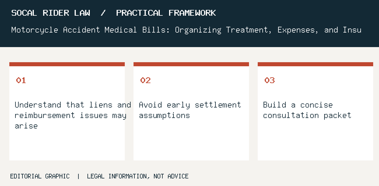 Understand that liens and reimbursement issues may arise; Avoid early settlement assumptions; Build a concise consultation packet