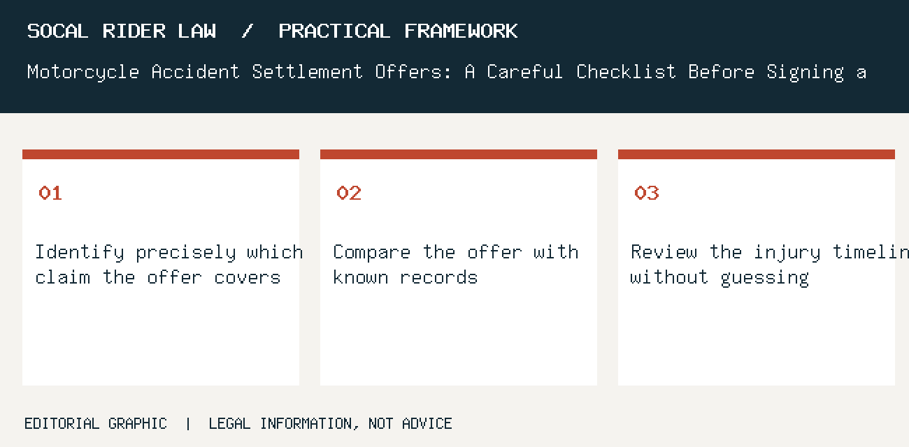 Identify precisely which claim the offer covers; Compare the offer with known records; Review the injury timeline without guessing