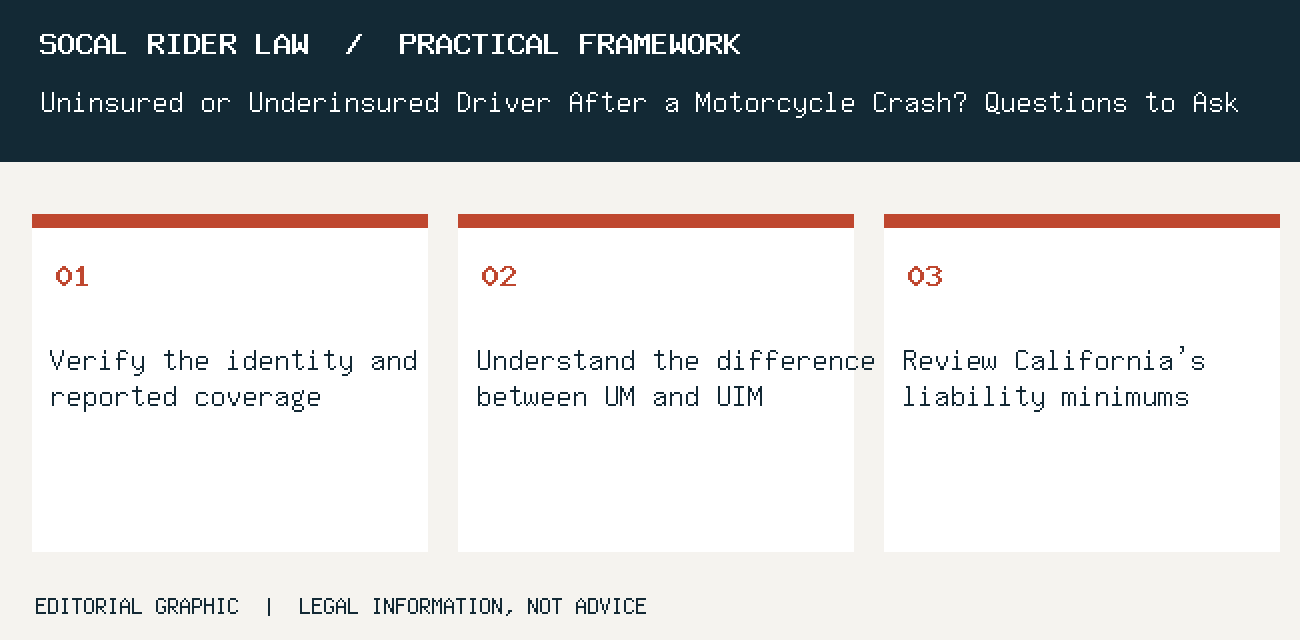 Verify the identity and reported coverage; Understand the difference between UM and UIM; Review California's liability minimums